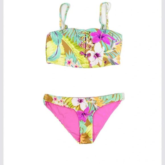 Tinibikini Women Swimsuit 2 pc Pink Floral Summer Vacation Beach Bathing Suit L - Picture 2 of 7